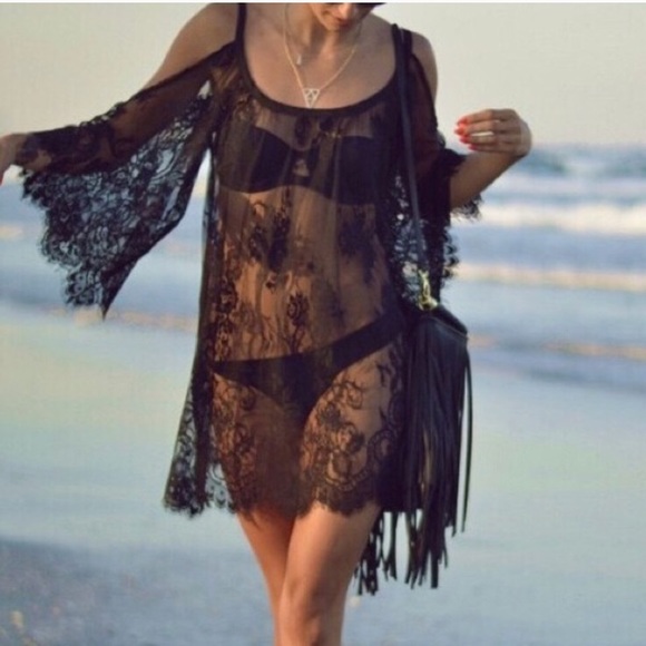 Black Lace Open Cold Open Shoulder Beach Coverup - Picture 2 of 3